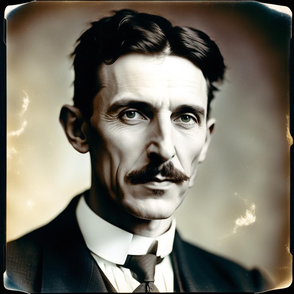 Nikola Tesla Close-Up in Instant Film Style