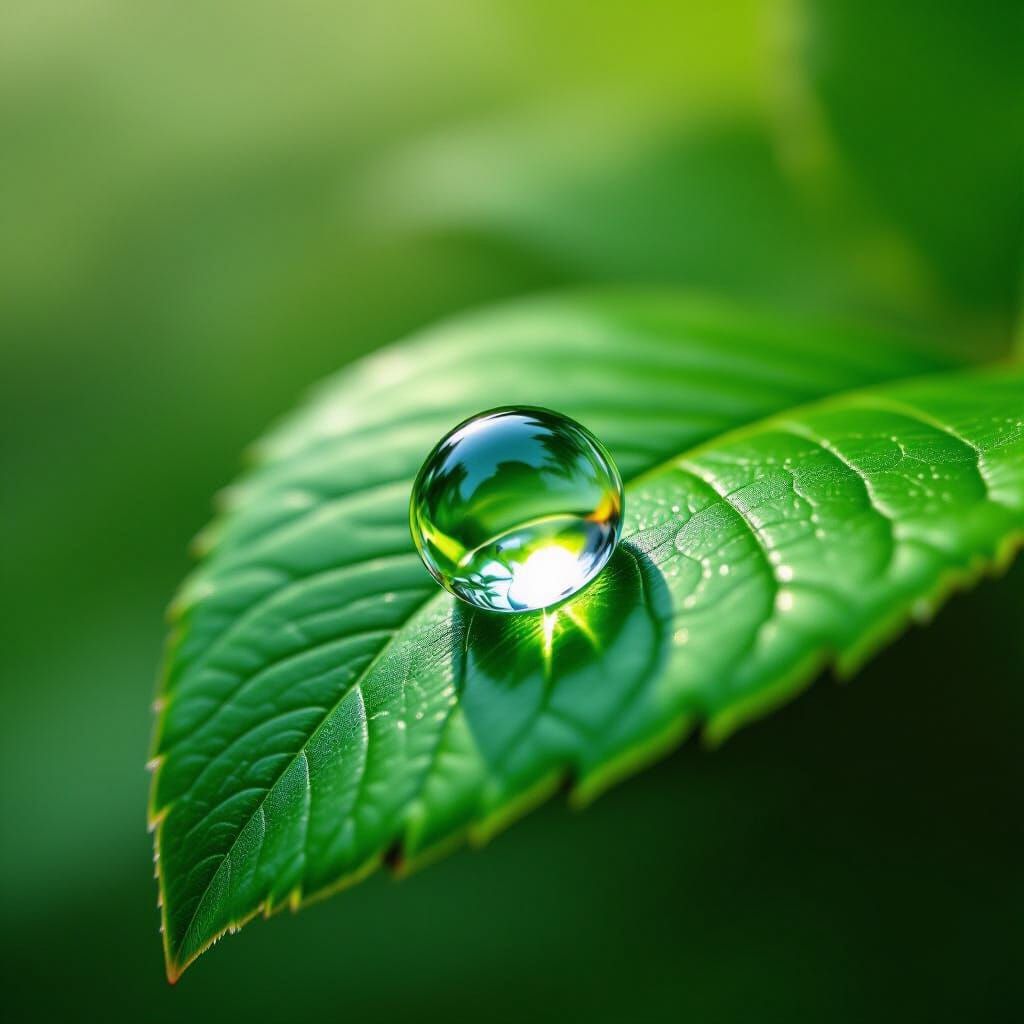 Hyper-Realistic Dewdrop on Green Leaf