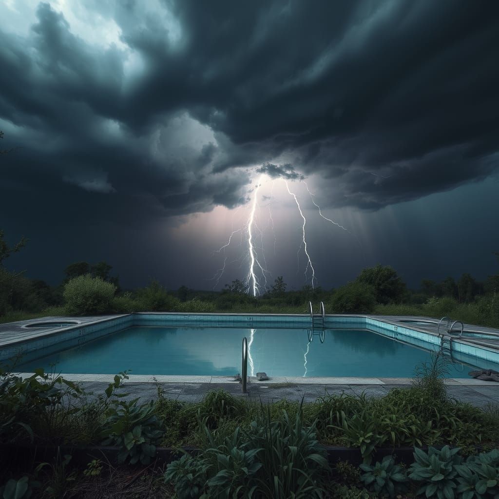 Abandoned Pool in Thunderstorm, Digital Painting