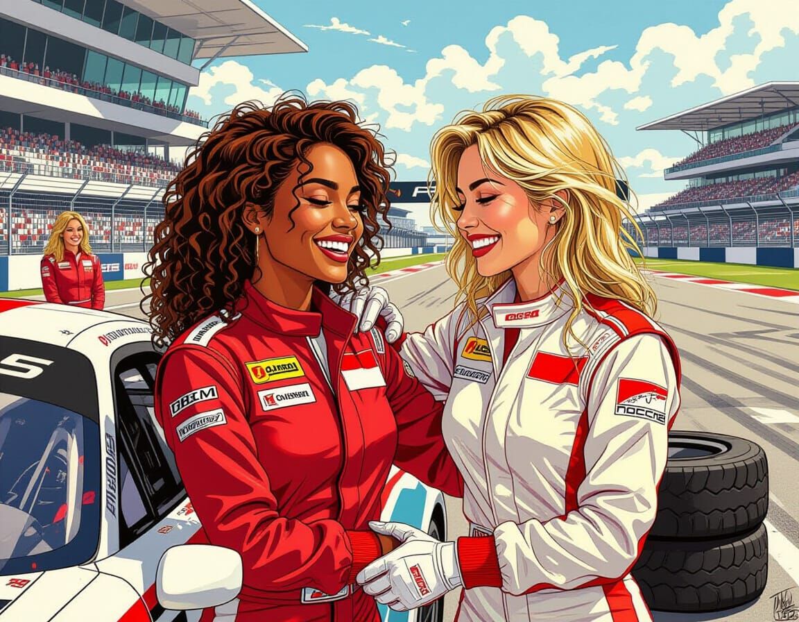 Retro 70s Racer Women Celebrate Friendship in Pit Lane