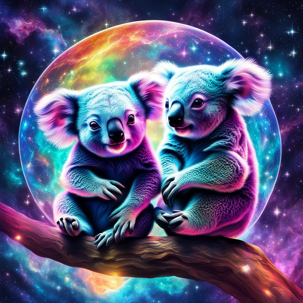 Baby Koalas in Holographic Astral Illustration