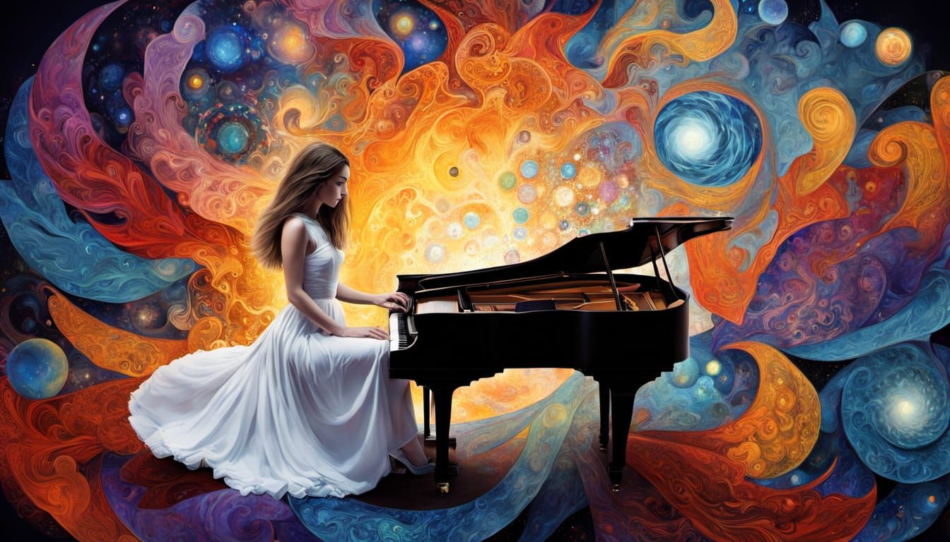 Surreal Woman on Piano with Cosmic Hair and Bioluminescent B...
