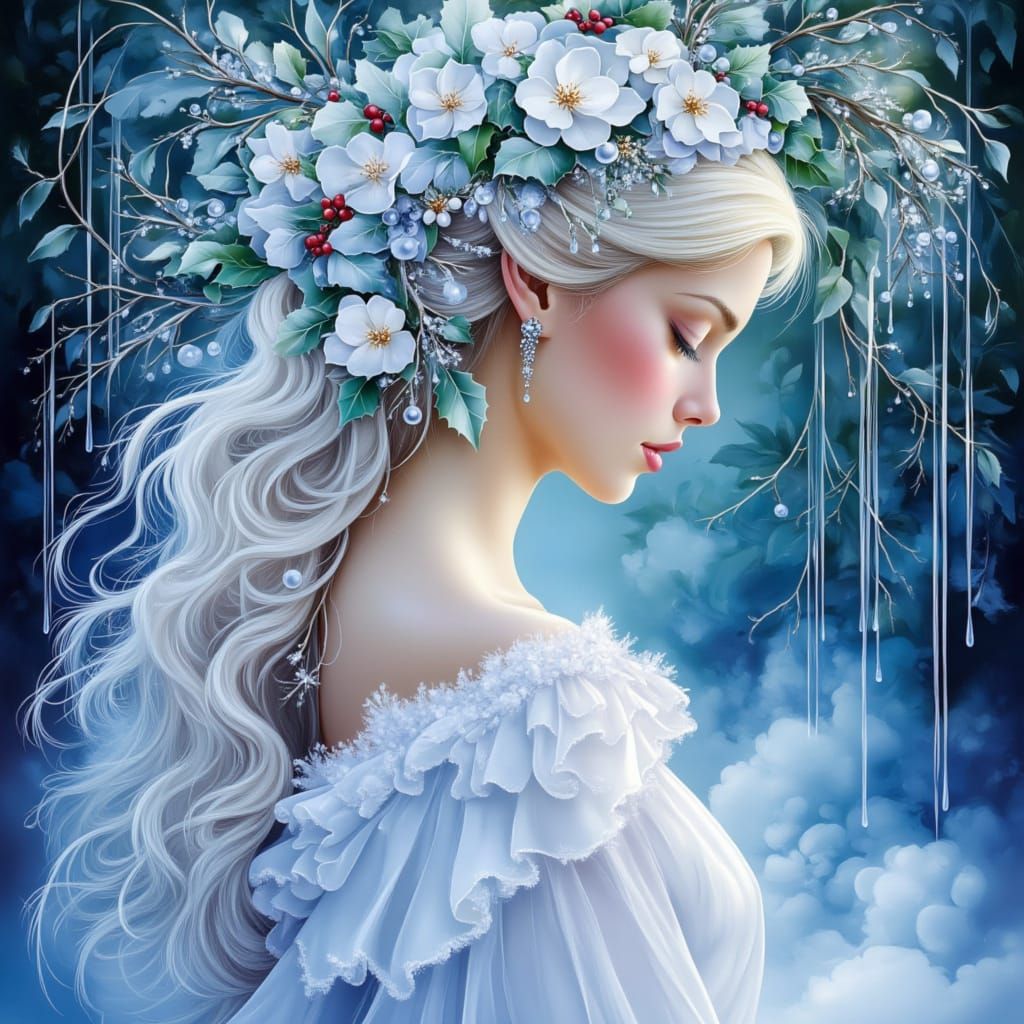 Woman in Christmas Forest with Winter Roses