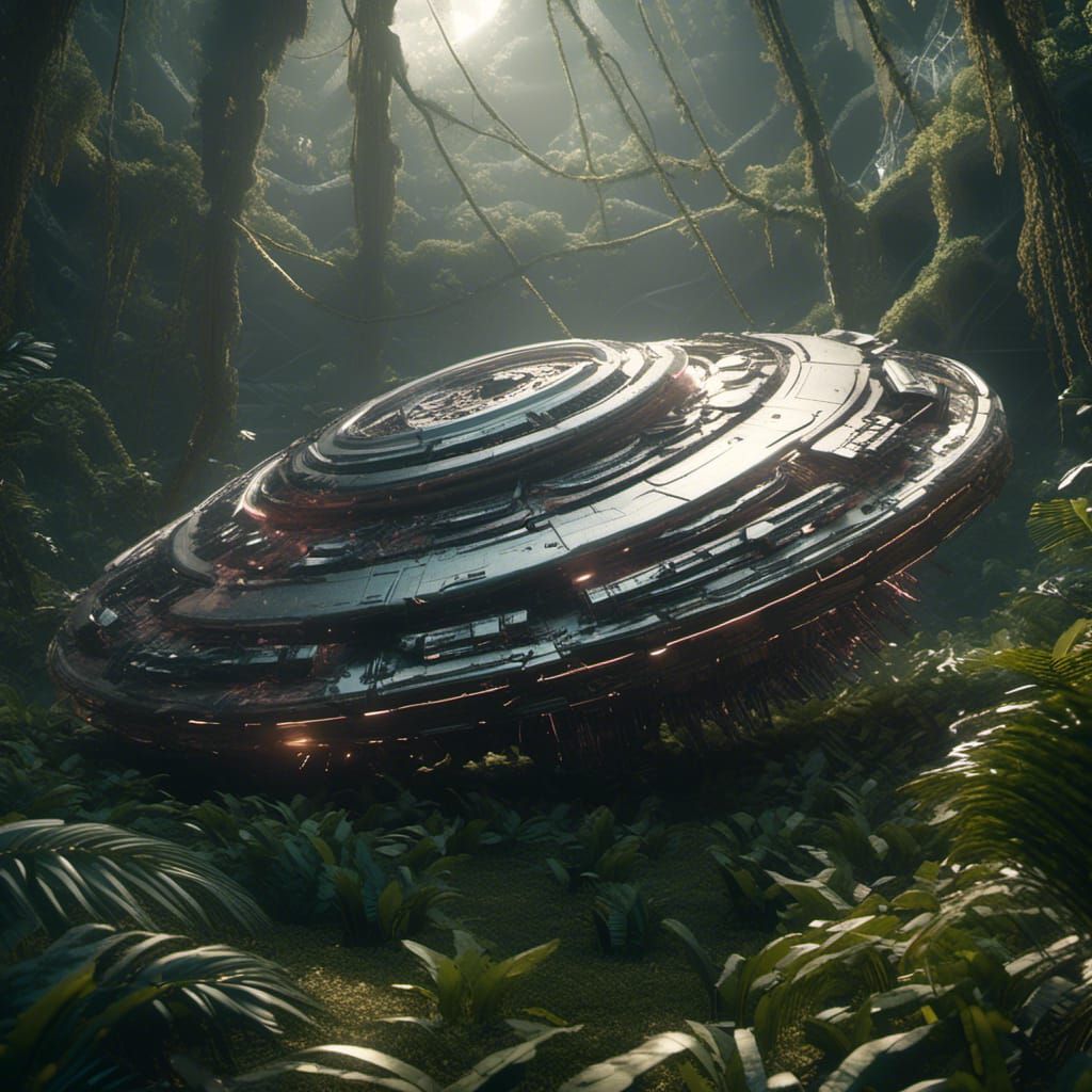 Crashed UFO Portrait in Jungle: Sci-Fi Art