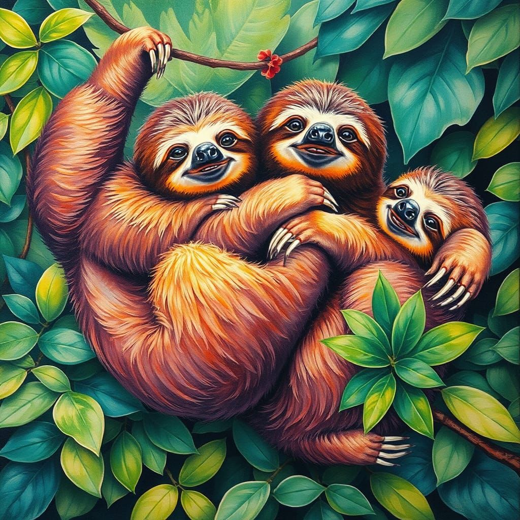 Playful Sloths in Emerald Foliage: Gouache and Watercolor