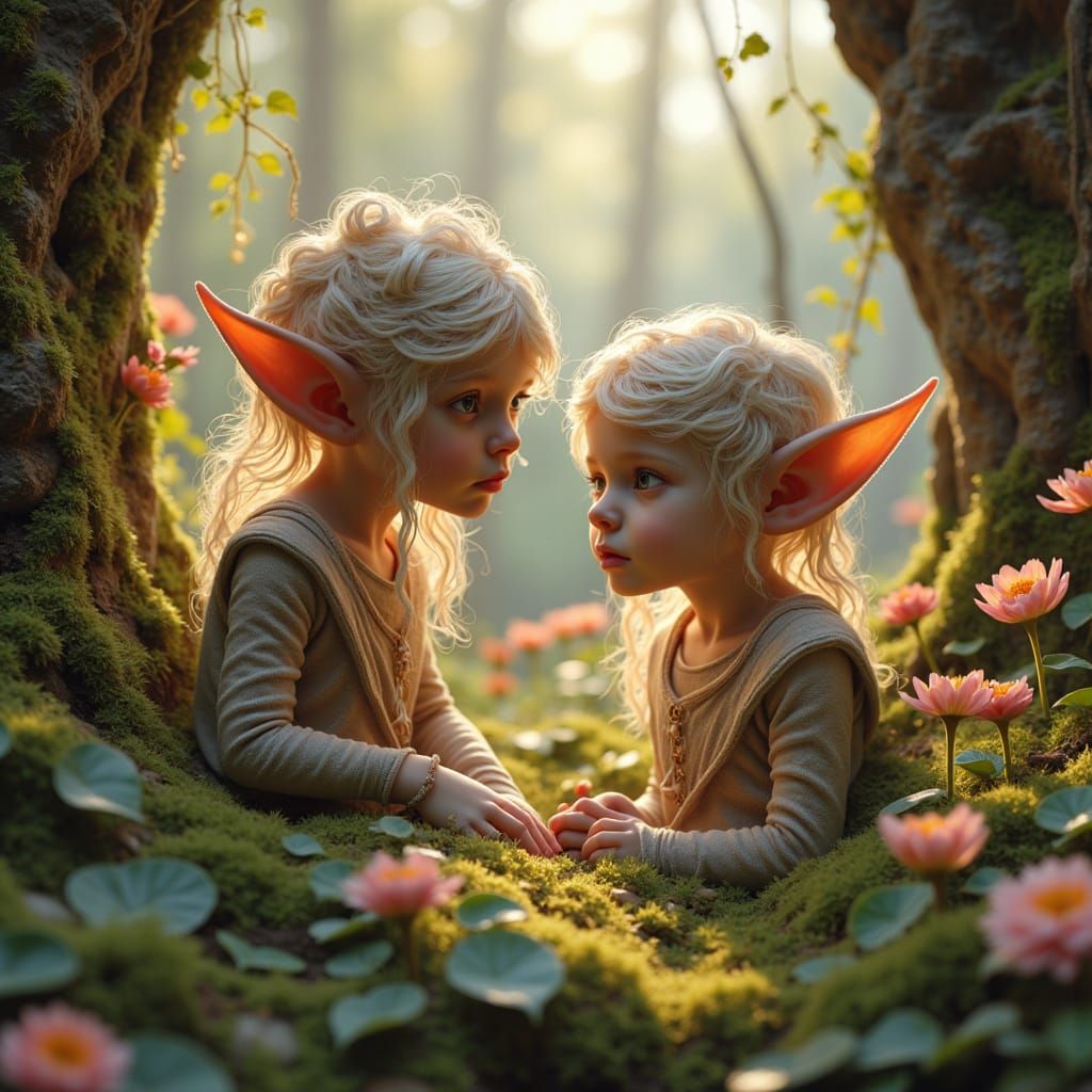 Exquisitely Beautiful Elven Twins in Serene Alpine Landscape