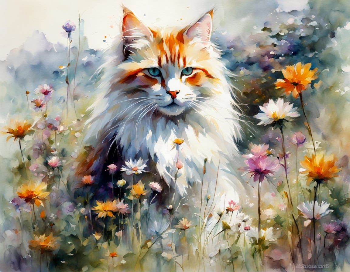 A Long-Haired Cat Basks in a Serene Meadow Scene