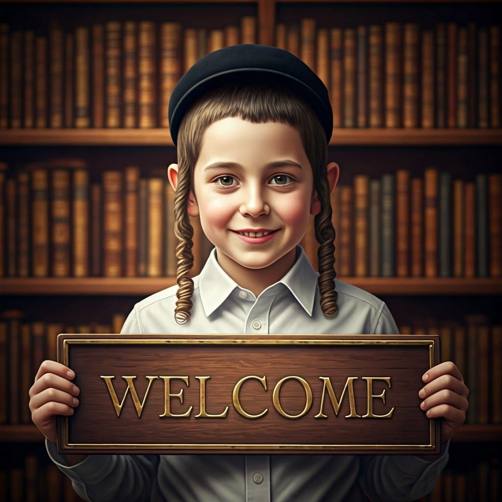 Joyful Hasidic Boy with Welcome Sign, Fantasy Art