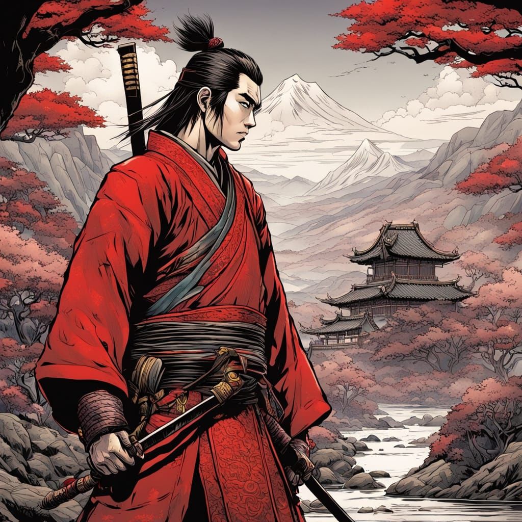 Handsome Samurai in Red Armor: Comic Book Art
