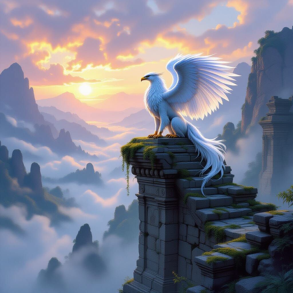 Majestic Griffin on Ancient Ruin at Dawn