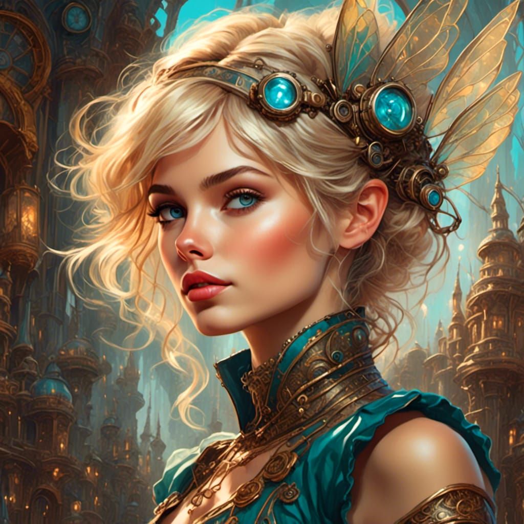 Steampunk Tinkerbell Linework Portrait in 24K Detail