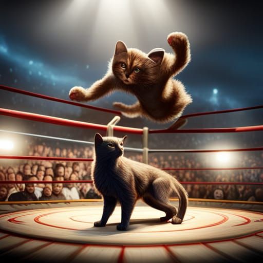 Bengali Man and Kitten in Wrestling Ring