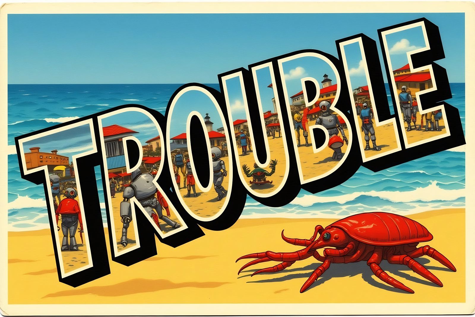 Robot Lobsters Cause Trouble: 1960s Postcard