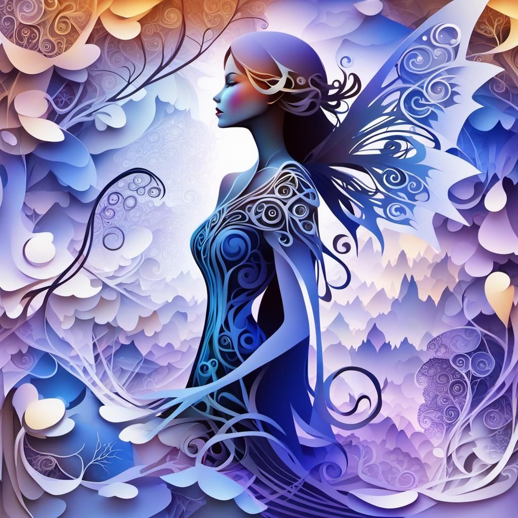 Dark Fairy in Mystical Forest with Origami Paper Folds