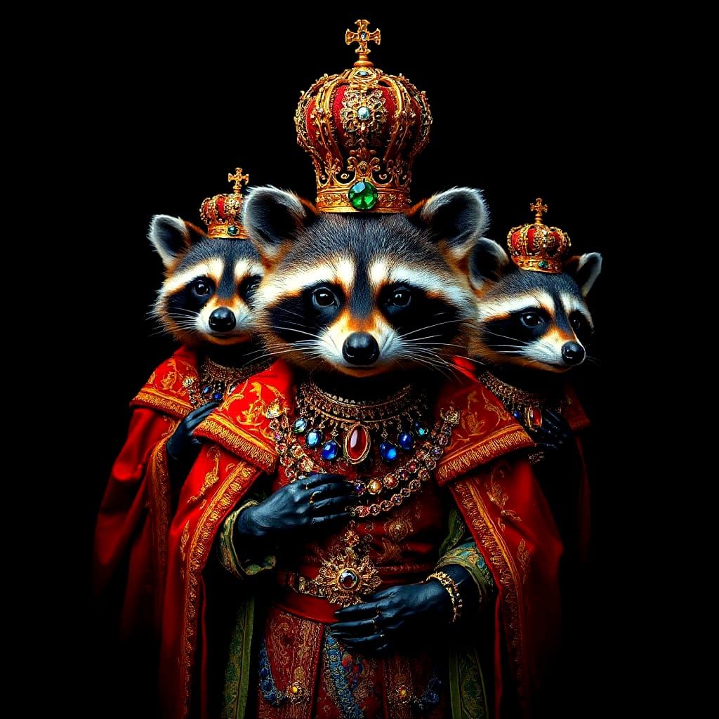 Sacred Trash Panda Royalty in Vibrant Neon Opulence