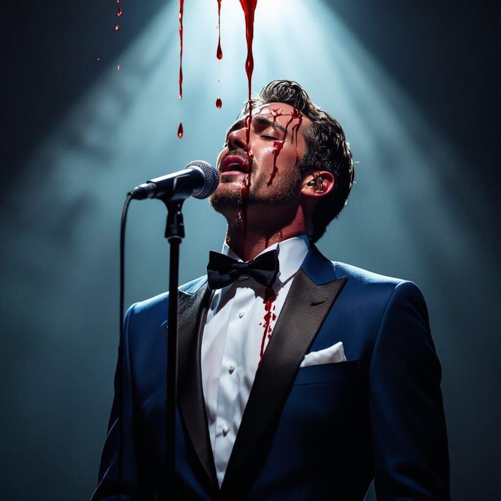Singer in Blue Tuxedo with Blood, Hyperrealistic Photo