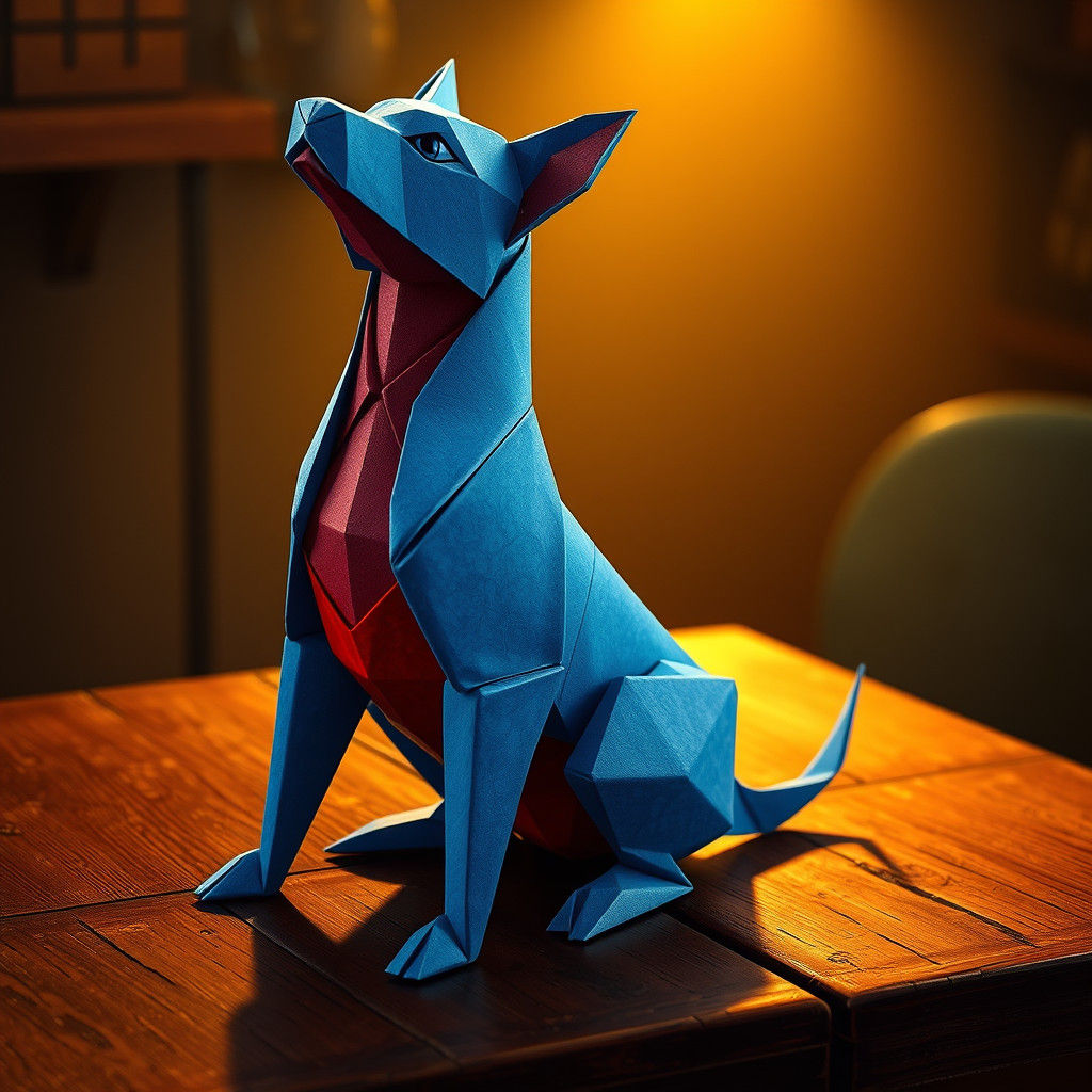 Majestic Blue Origami Dog in Fantasy Style