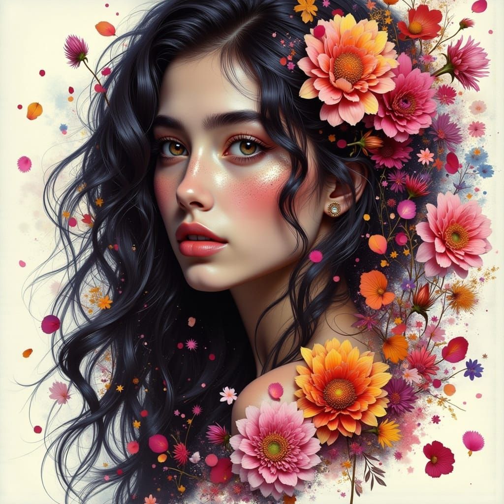 Stunning Woman with Floating Flowers in Digital Charcoal Ink