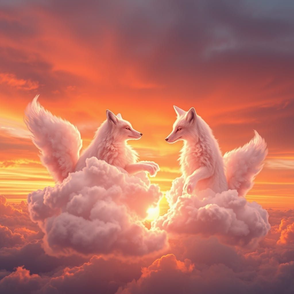 Dreamlike Cloud Foxes in a Sunset Sky