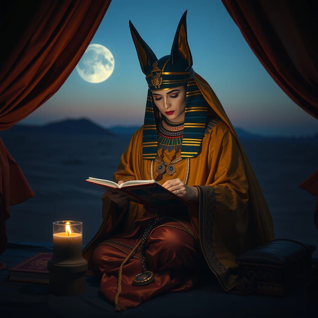 The Goddess Sekhmet, reading from a deck of Egyptian Tarot c...