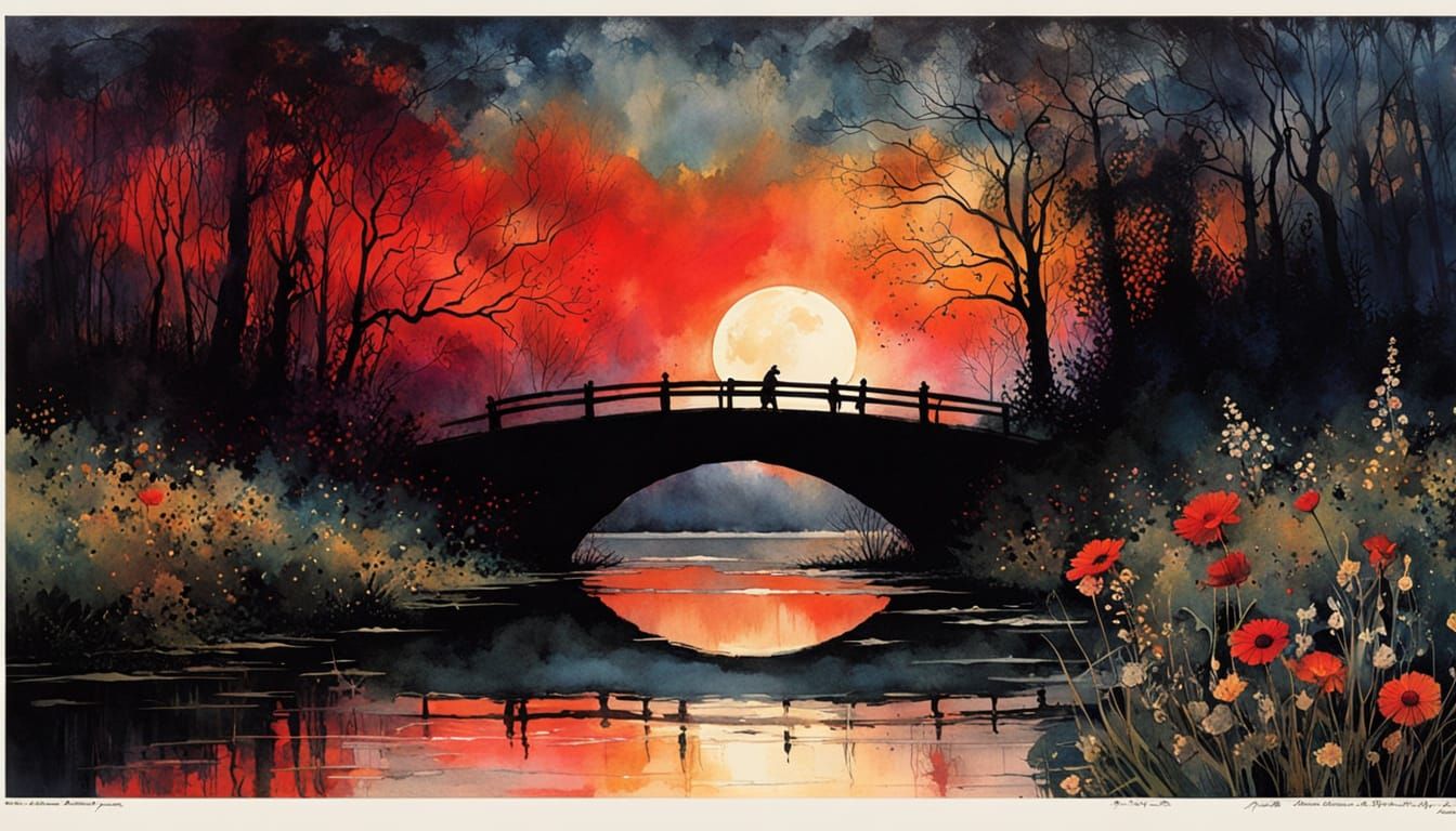 Dark Eclipse Over Swamp River: Color Print Art