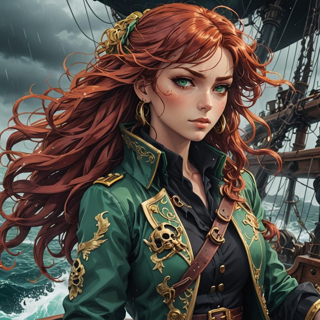 Anime Pirate Woman on Stormy Seas