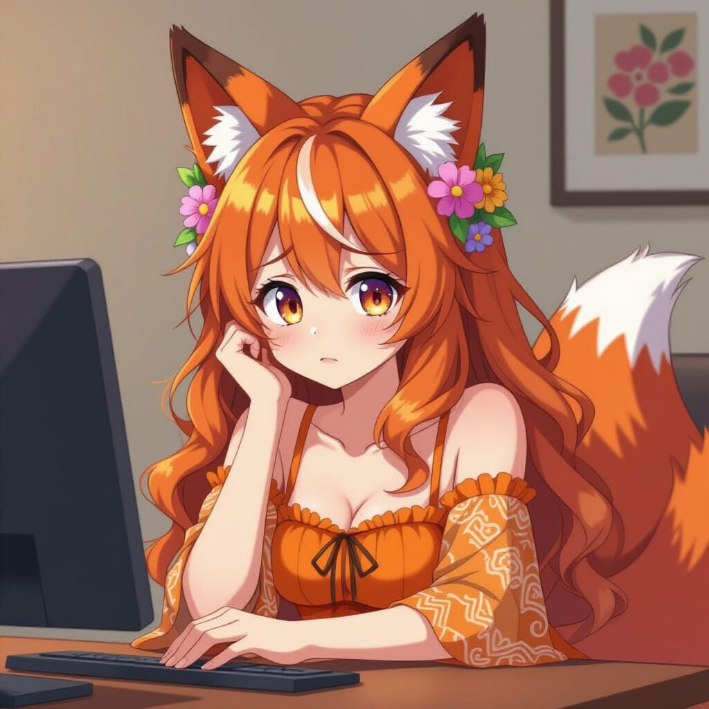 Anime Fox Girl Unimpressed with Computer