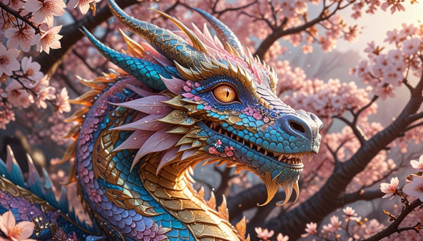 Flowery Dragon under Sakura Tree in Digital Painting Style