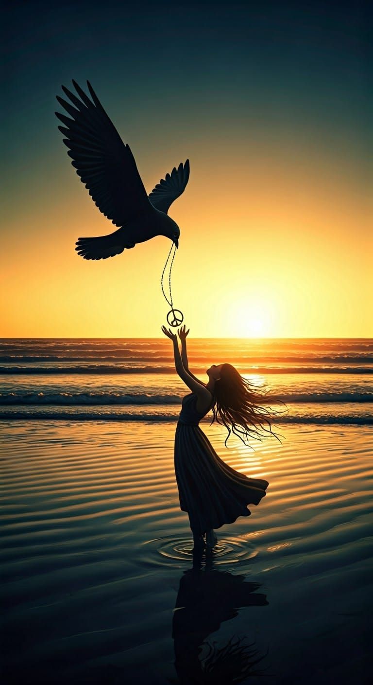 Twilight Beach Scene: Bird's Gift of Peace