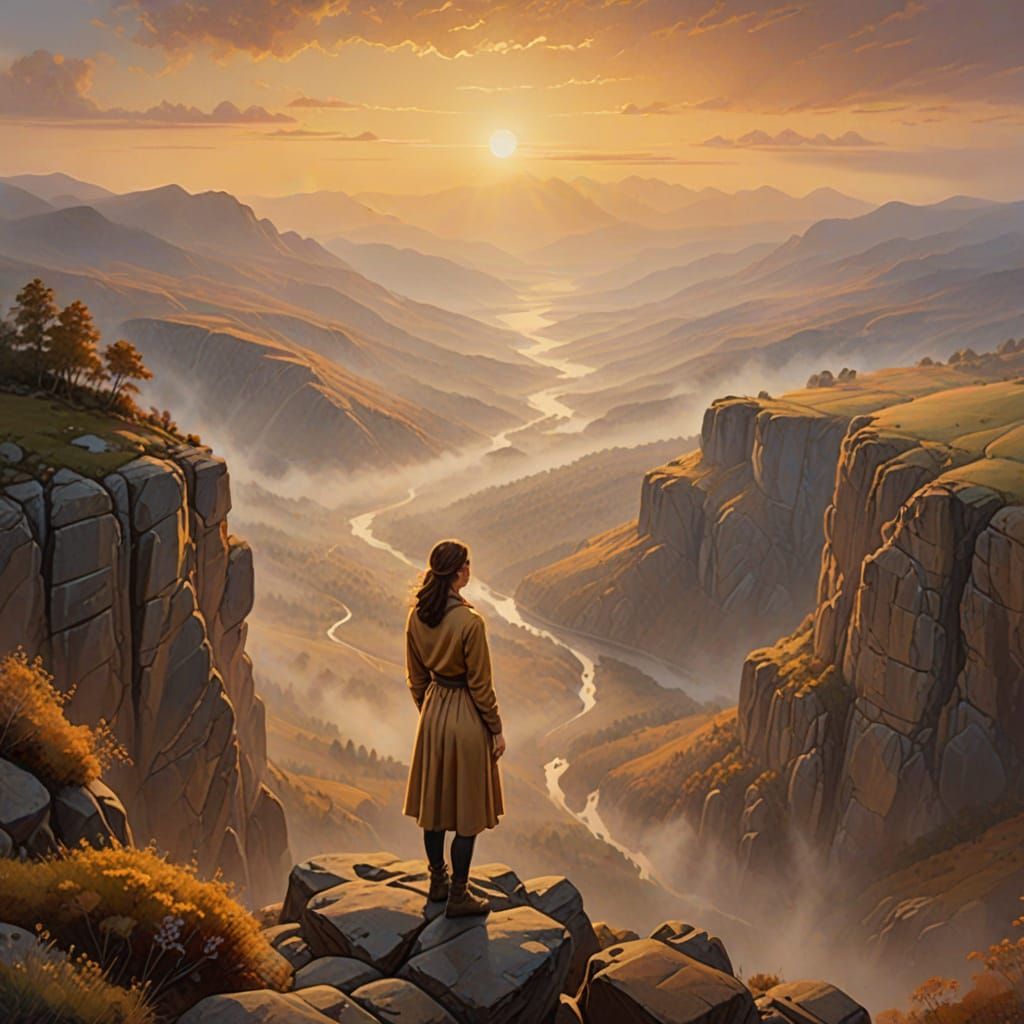 Ethereal Dawn: A Solitary Woman in a Golden Valley