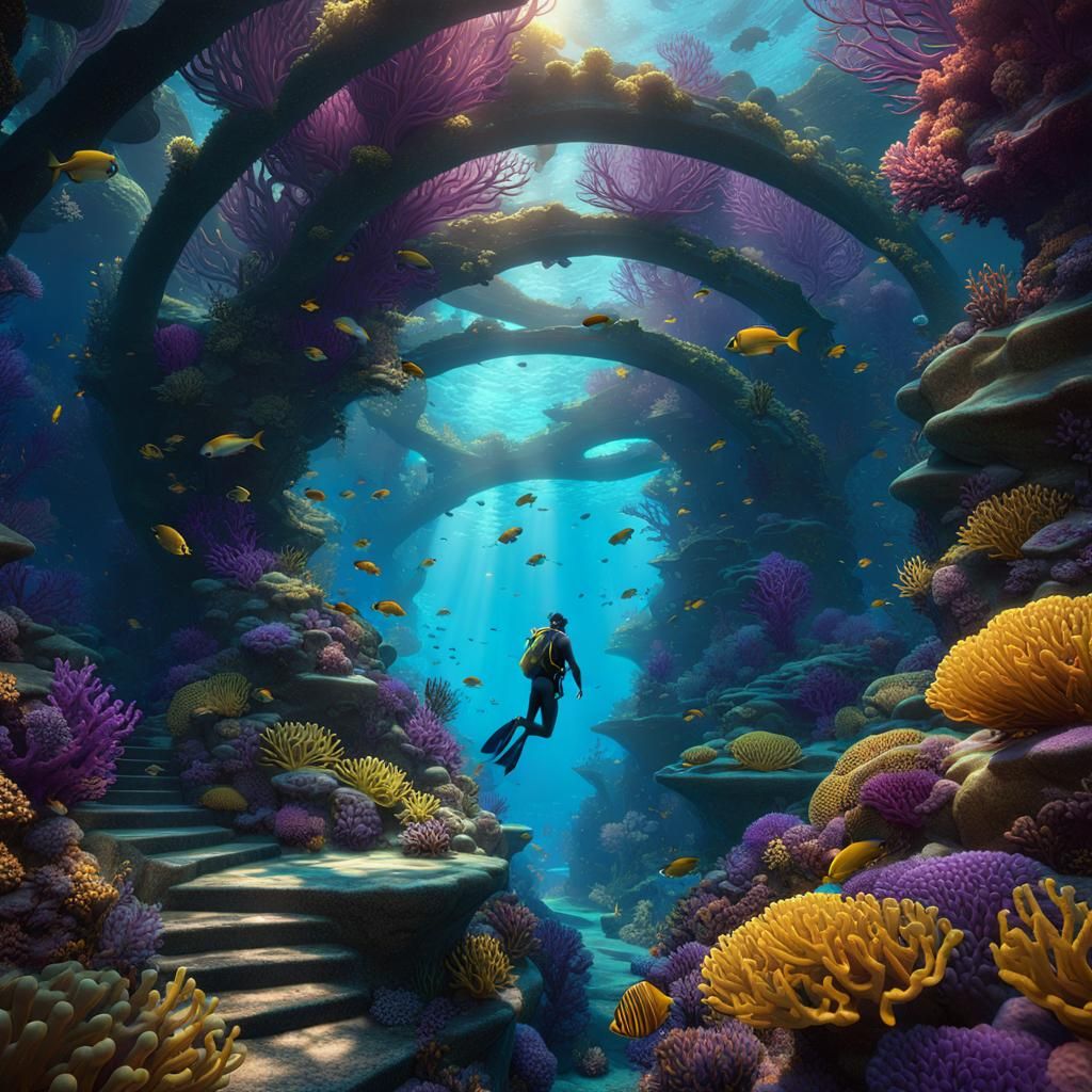Freediver in Coral Reef Maze: Dark Fantasy Art