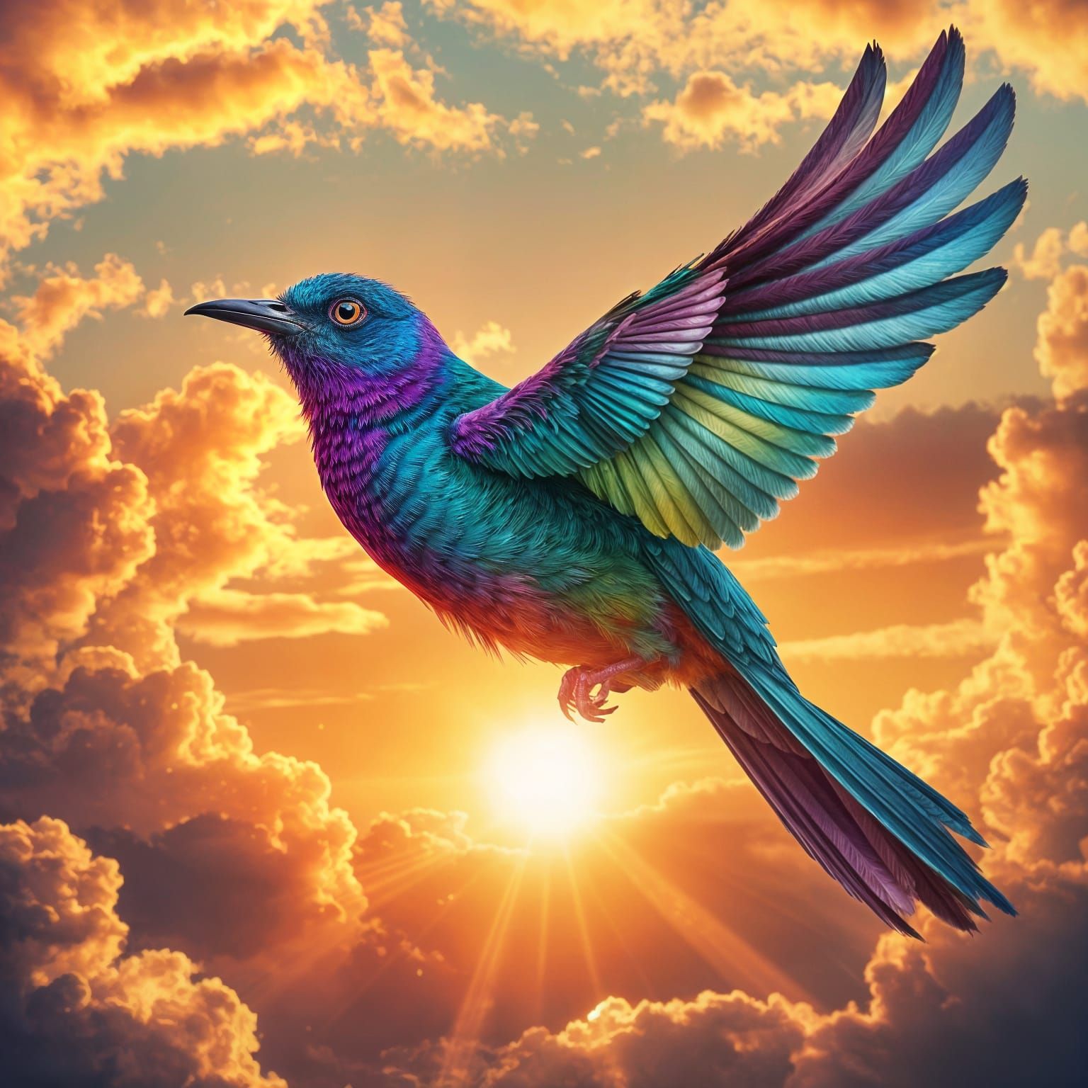 Colorful Bird Flying at Sunset: Astral Cosmic Illustration