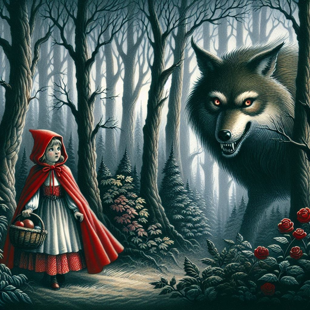 Little Red Riding Hood and the Wolf in Forest