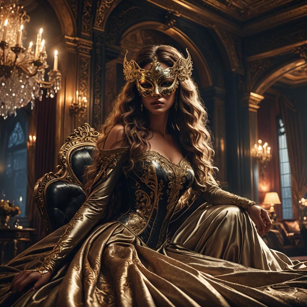 Masked Woman in Opulent Room: Cinematic Glamour