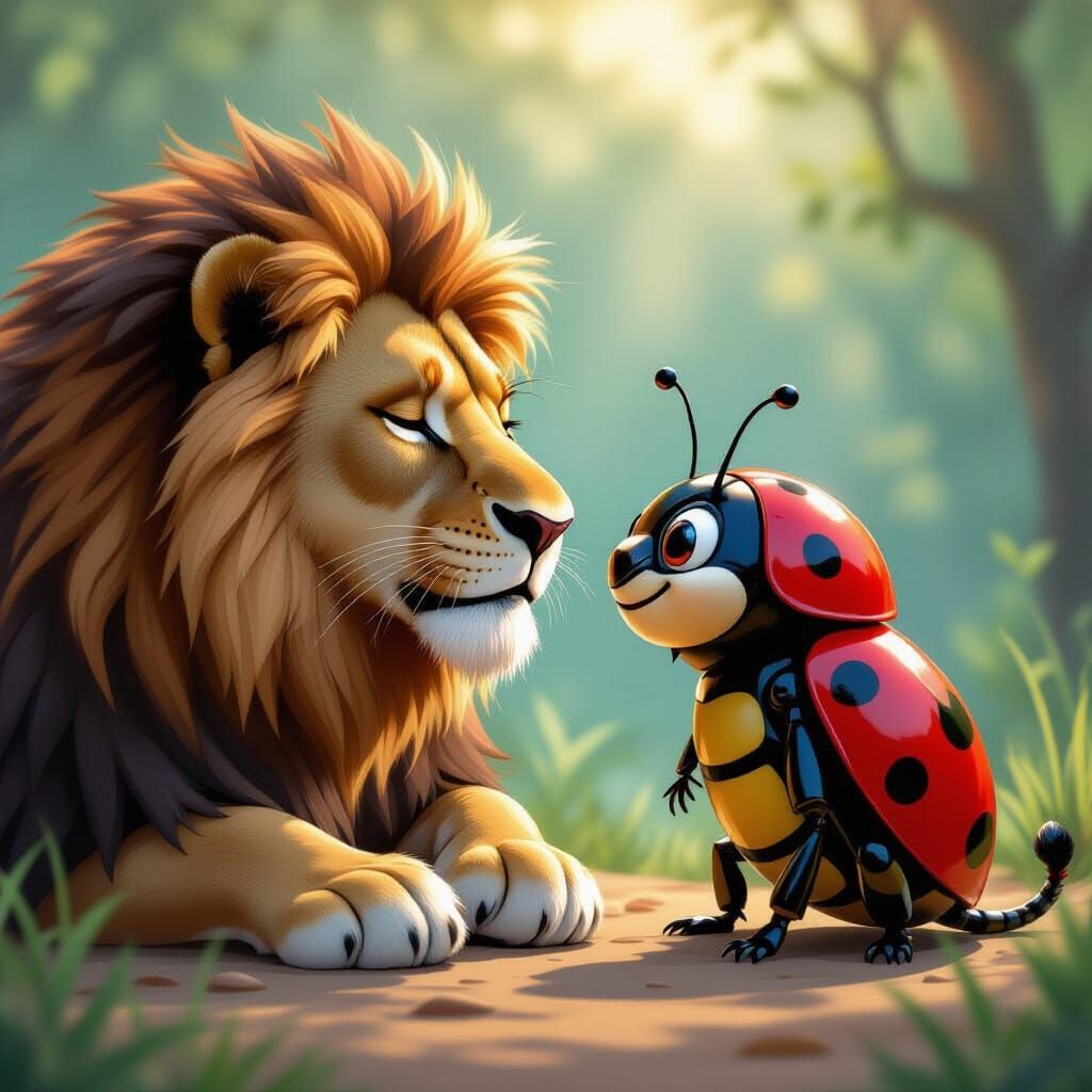 Lion and Ladybug Friendship in Hyperrealistic Style
