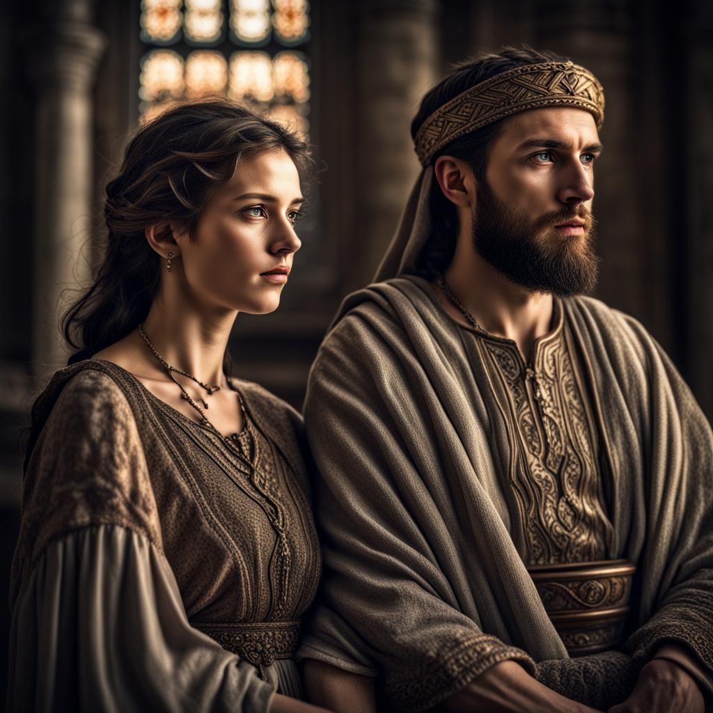 Biblical Prophet with Alluring Wife in Hyperrealistic Style