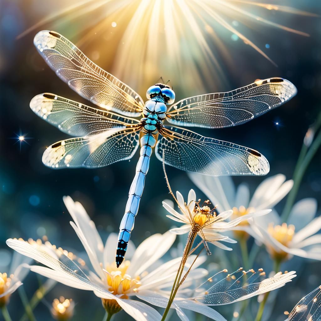 Delicate Crystal Dragonfly on Flower: Dreamy Art