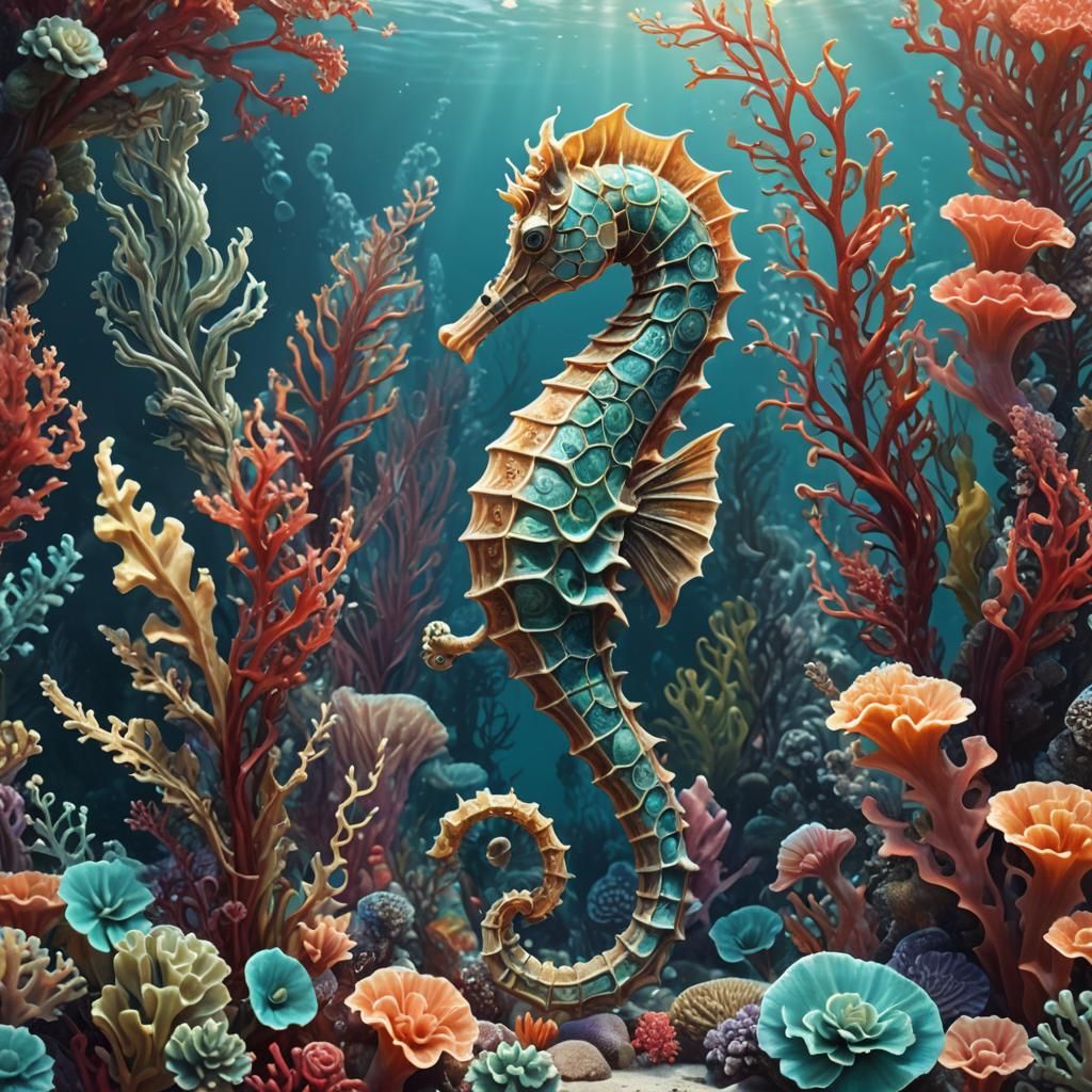 Underwater Garden: Seahorse in Art Nouveau Style