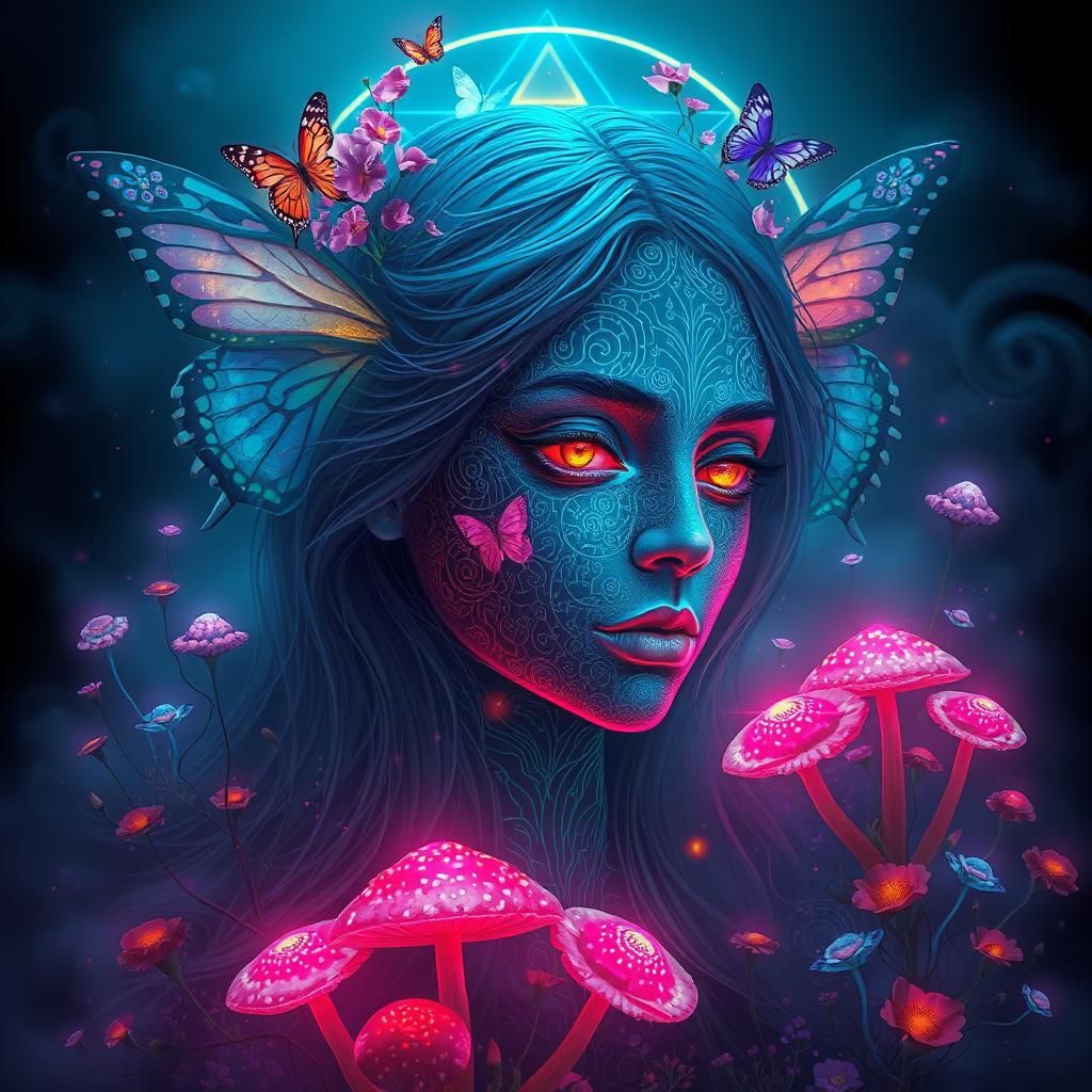 an abstract woman's head, butterflies, flowers, mushrooms, magic symbols, impressive fractured glitchcore biometrics