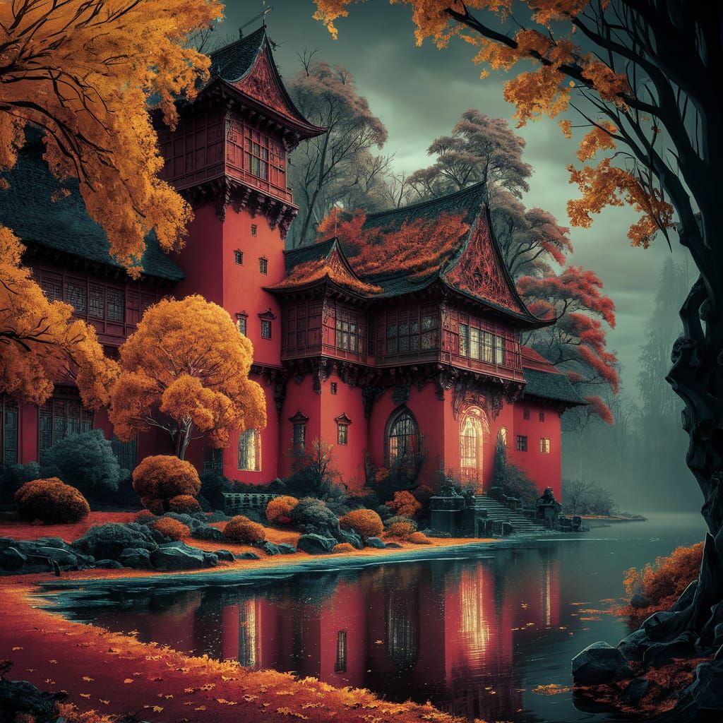 Red Castle Reflected in Water, Ukiyo-e Style