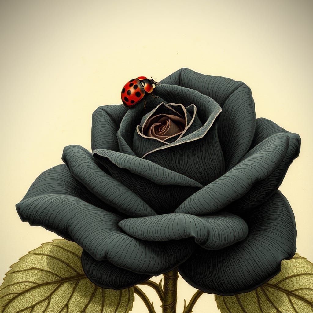 Black Rose in Whimsical Dürer Style with Ladybug