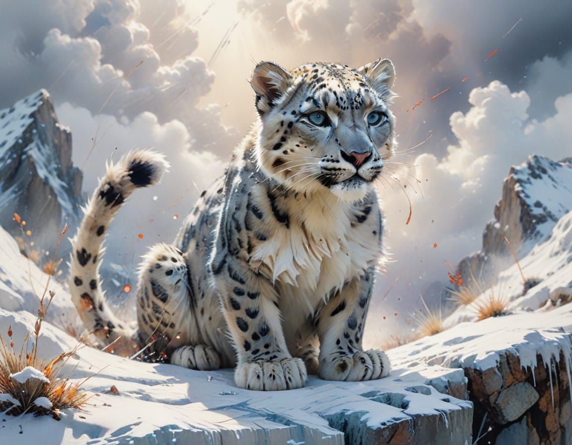 Baby Snow Leopard on Ridge, Neo-Impressionist Oil Painting