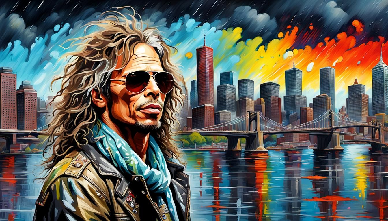 Singer on Boston Bridge in Impasto Graffiti Style