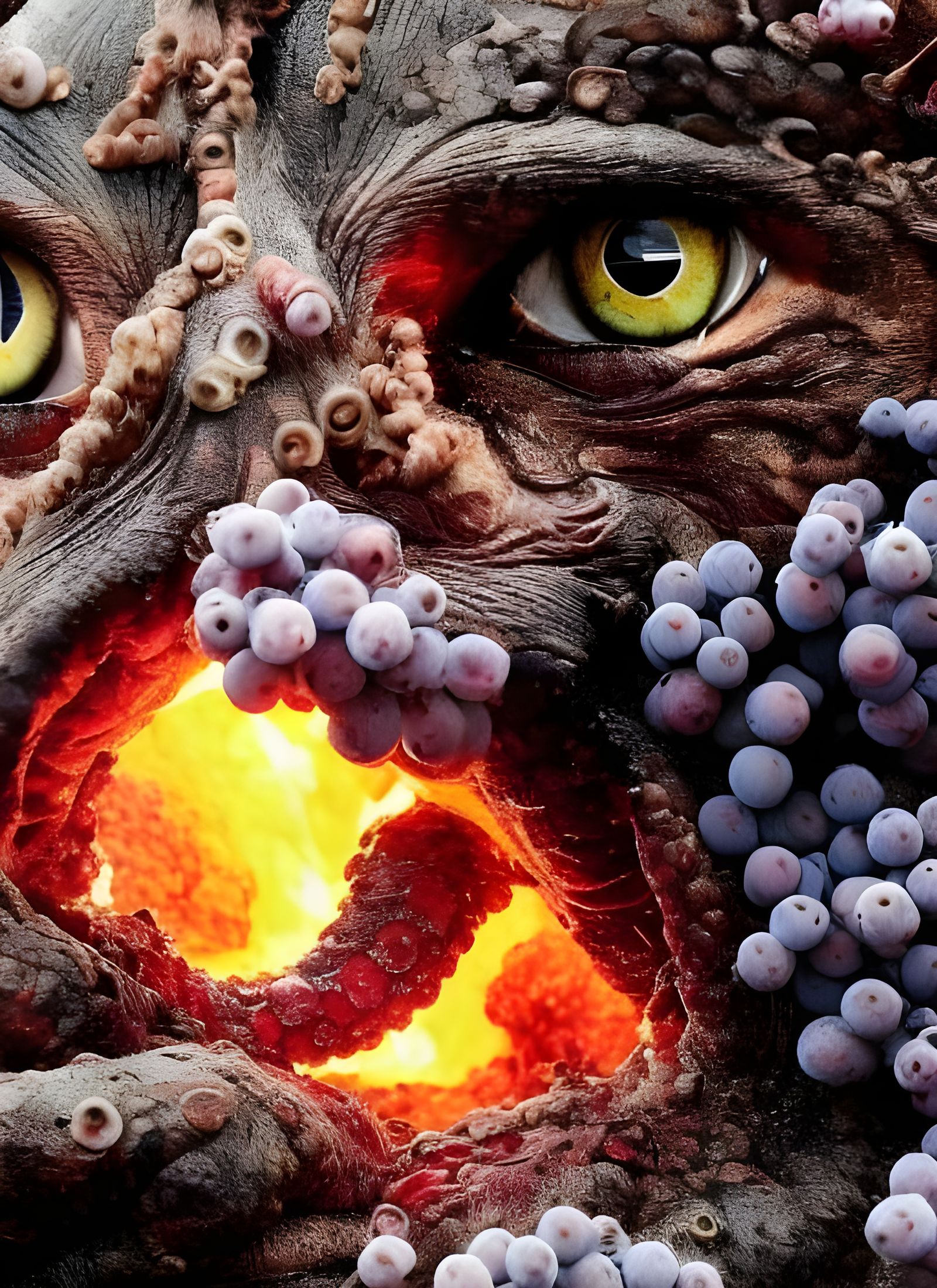 Surreal Volcanic Eruption of Eyes and Creatures