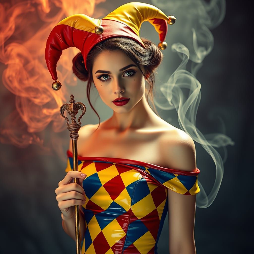Mystical Harlequin Goddess in Latex and Smoke