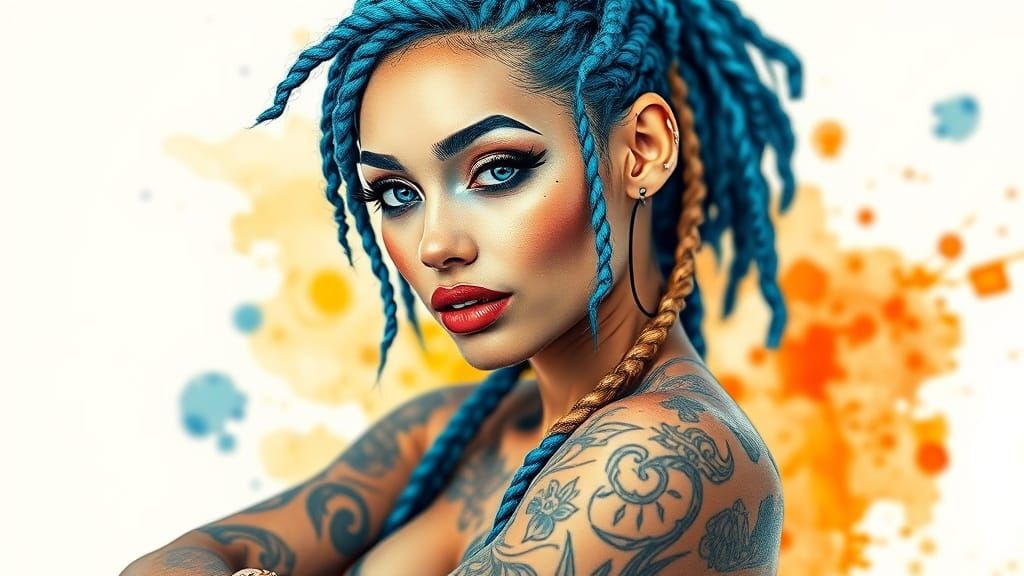 French Tart with Blue Hair in Ink Art Style