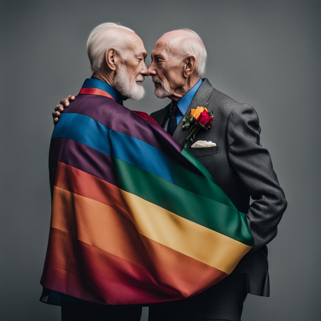Elderly Gay Couple Embracing with Pride Flag