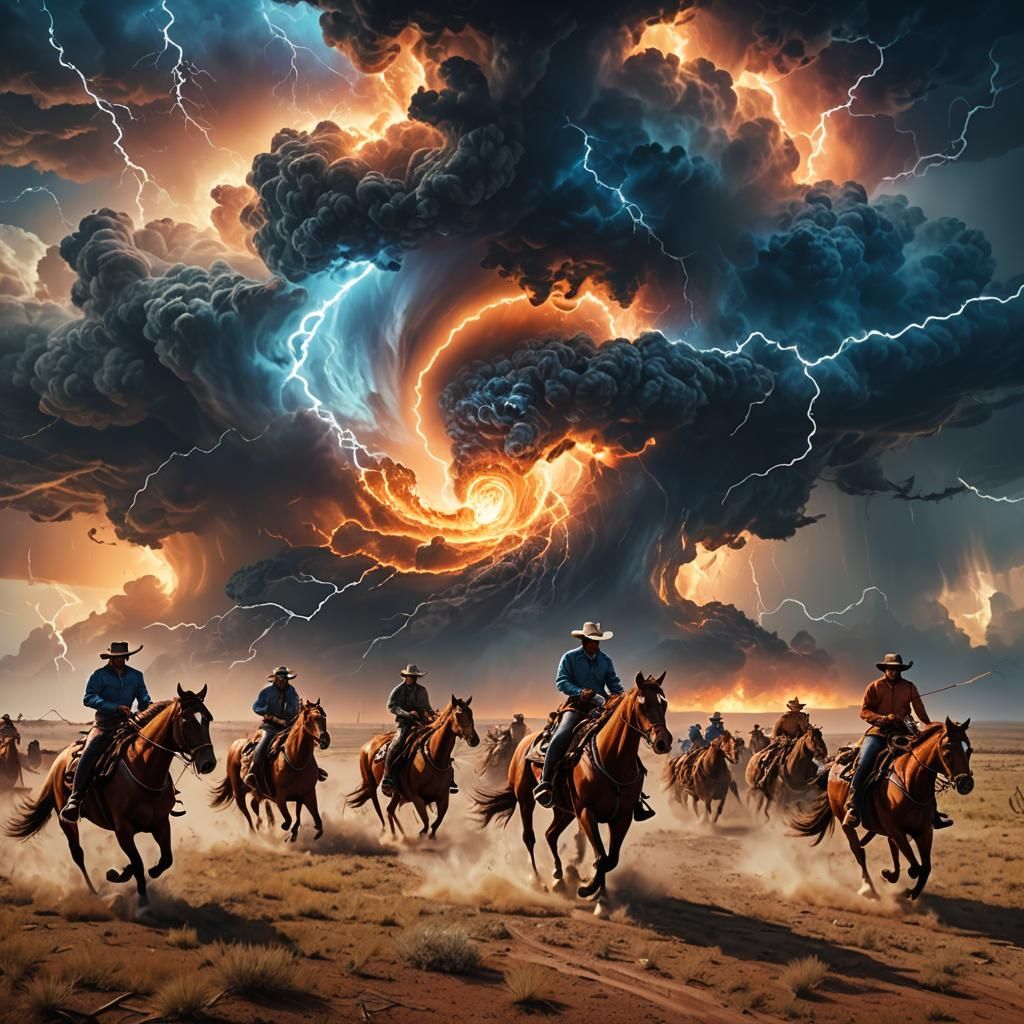 Cowboys Lassoing a Tornado: 3D Digital Art