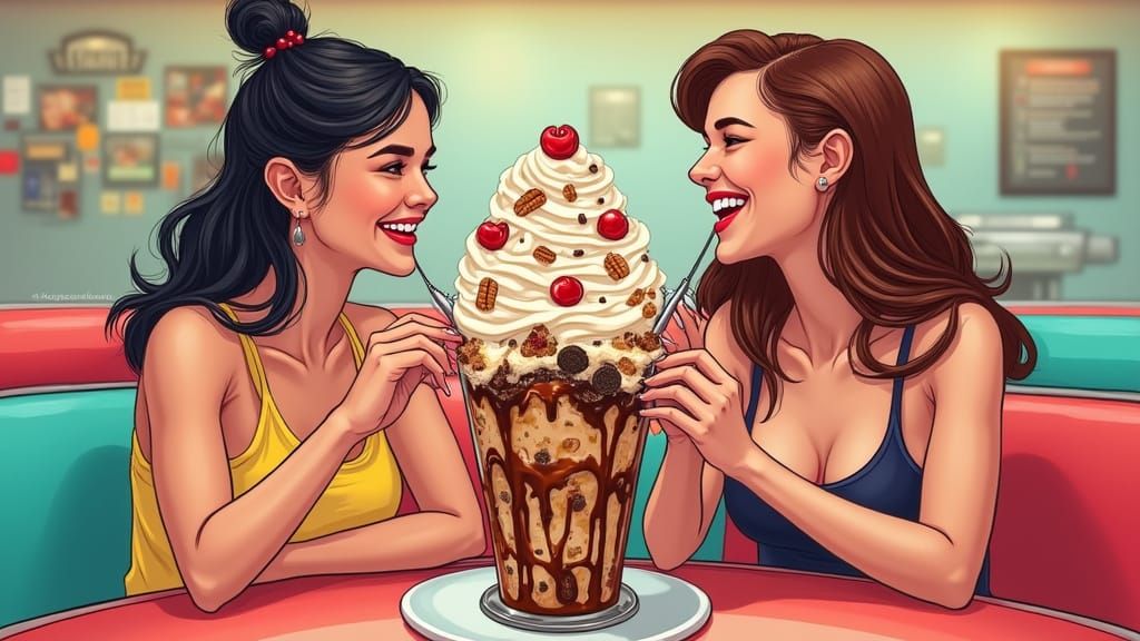 Friends Share Decadent Milkshake in Vibrant Diner Scene