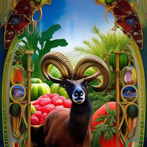 Ibex Fruit Stand: A Surreal Art Nouveau Portrait
